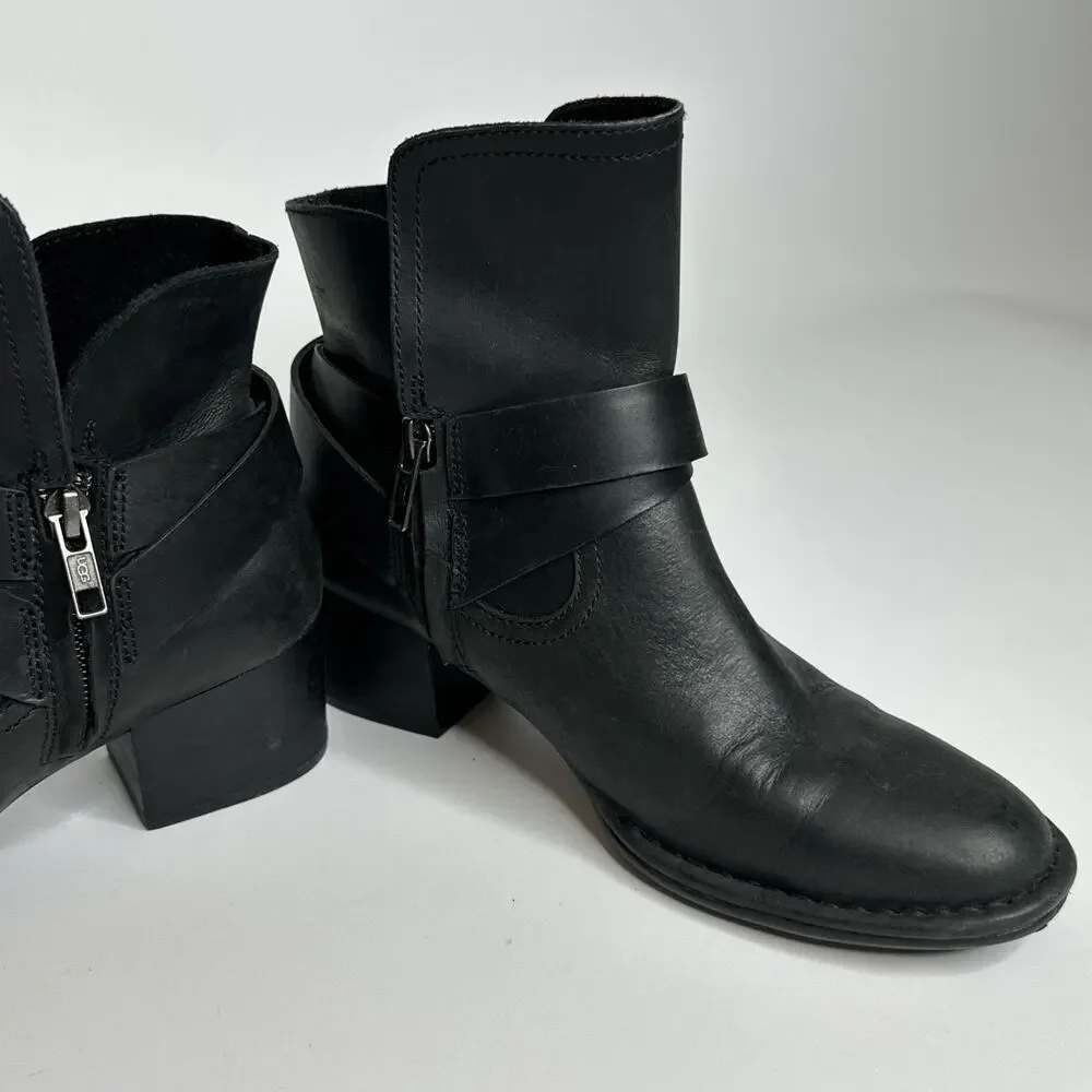 Ugg Elysian Leather Black Ankle Heel Boots Booties Size US 6.5 Womens EUC